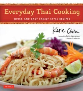 everyday thai cooking by Katie chin, noodles, shrimp and colorful veggies on a plate