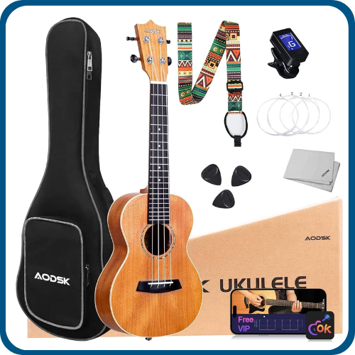 Ukulele with case, strap, pick, and strings