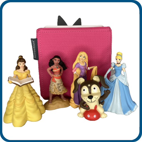5 character figures (Belle, Moana, Rapunzel, Cinderella, and Puppy) standing in front of a pink toniebox