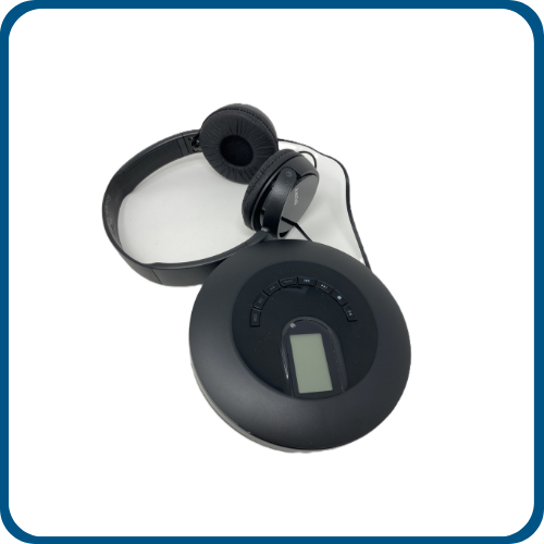 Black portable CD player and black headphones
