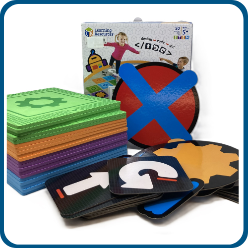 Let's go code game with colorful foam pieces stacked in front of game box