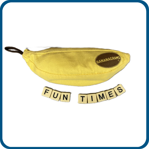 Bananagrams pouch with the words "fun times" spelled out in tiles